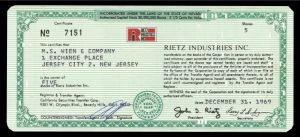 Rietz Industries Inc. - Stock Certificate