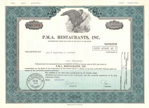 P.M.A. Restaurants, Inc. - Stock Certificate