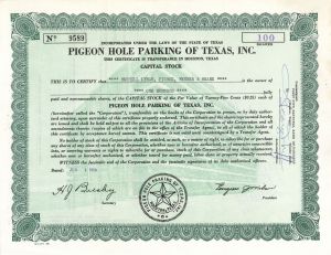 Pigeon Hole Parking of Texas, Inc. - 1956 dated Stock Certificate