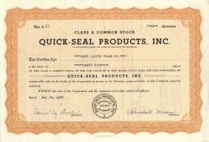 Quick-Seal Products, Inc. - 1956 dated Stock Certificate - Issued to Amos Alonzo Stagg