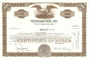 Technamation, Inc. - 1969-1971 dated Stock Certificate