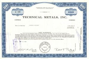 Technical Metals, Inc. - Stock Certificate