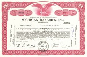 Michigan Bakeries, Inc. - 1968-1970 Stock Certificate
