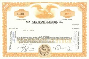 New York Sugar Industries, Inc. - 1968 or 1969 Stock Certificate