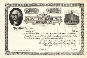 Washington Post Co. - 1880's circa Unissued Stock Certificate - Extremely Rare