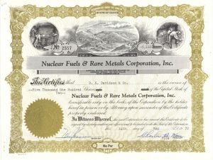 Nuclear Fuels and Rare Metals Corporation, Inc. - 1970 dated Stock Certificate