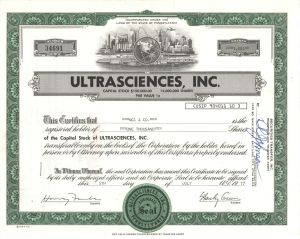 Ultrasciences, Inc. - 1977 Stock Certificate