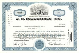 U. N. Industries Inc. - 1970 Stock Certificate