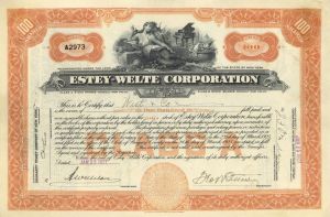 Estey-Welte Corp. - 1927 dated Stock Certificate - Unique Piano Vignette - Organ Maker