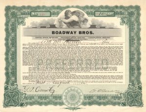 Boadway Bros. - 1922 dated Stock Certificate