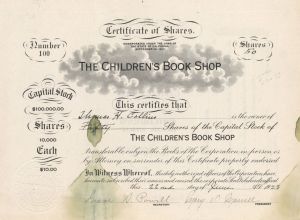 Children's Book Shop - 1923 dated Stock Certificate