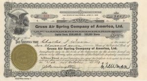 Gruss Air Spring Company of America, Ltd. - 1929 dated Stock Certificate