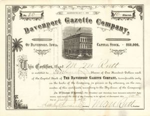 Davenport Gazette Co., of Davenport, Iowa - 1882 dated Stock Certificate