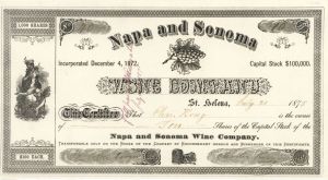 Napa and Sonoma Wine Co. - 1875 dated Stock Certificate