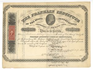 Franklin Institute of the State of Pennsylvania - 1871 dated Stock Certificate