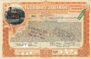 5,964 or 5,765 Shares of Baltimore and Ohio Railroad Co. -  1900 dated Stock Certificate