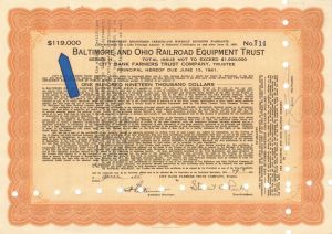 $119,000-$11,000 Baltimore and Ohio Rail Road Equipment Trust -  1930's dated Bond