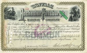1,000 - 2,500 shares of Buffalo, Rochester and Pittsburgh Railway Co. - 1887-1902 dated Railway Stock Certificate