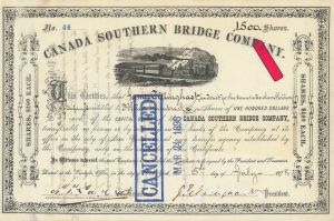 1,500 or 1,250 Shares Canada Southern Bridge Co. - 1877-1879 dated Michigan Railroad & Bridge Stock Certificate - Please Specify Number of Shares