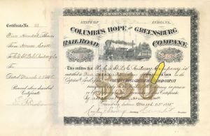 500 shares Columbus Hope and Greensburg Railroad Co. - 1885 dated Stock Certificate