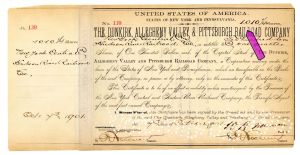1,010 1/4 shares Dunkirk, Allegheny Valley and Pittsburgh Railroad Co. - 1901 dated Stock Certificate