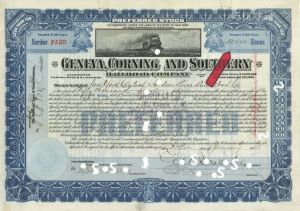 50,000-6,000 shares Geneva, Corning and Southern Railroad Co. - 1909 or 1910 dated Stock Certificate