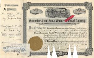 2,993 Shares of Hooverhurst and South Western Railroad Co. - 1902 dated Stock Certificate