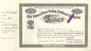 9,685 Shares of James River Valley Railroad Co. - 1886 dated Stock Certificate
