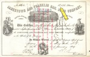 18,136-1,782 Shares of Jamestown and Franklin Railroad Co. - 1873, 1897 or 1909 dated Stock Certificate