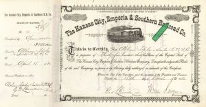 3,532 Shares of Kansas City, Emporia and Southern Railroad Co. - 1880 dated Stock Certificate