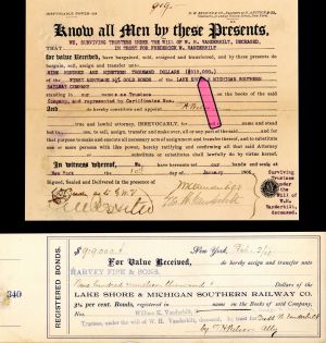 $919,000 Lake Shore and Michigan Southern Railway Co. signed by 2 Vanderbilts! -  1906 dated Stock Transfer and Receipt
