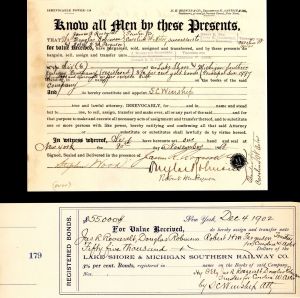 $55,000 Lake Shore and Michigan Southern Railway Co. signed by James R. Roosevelt, Douglas Robinson and Robert H.M. Ferguson - 1902 dated Stock Transfer and Receipt