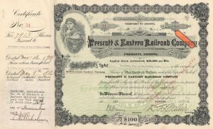 7,913 Shares of Prescott and Eastern Railroad Co. - 1918 dated Stock Certificate