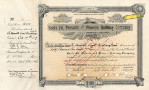 40,310 or 27,756 Shares of Santa Fe, Prescott and Phoenix Railway Co. - 1895 or 1889 dated Stock Certificate