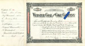 4,607 Shares Webster Coal and Coke Co. - 1900 dated Stock Certificate