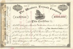 1,000 Shares Western Transit Co. - 1884 dated Stock Certificate