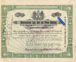 2,395-2,284 Shares Westmoreland Light, Heat and Power Co. - 1902-1905 dated Stock Certificate