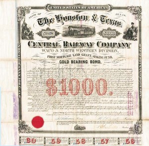 Houston and Texas Central Railway Co. $1,000 Uncanceled Gold Bond signed by William Earle Dodge, Sr. as president, Founder of Y.M.C.A. (Uncanceled)