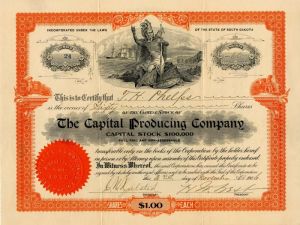 Capital Producing Co. - 1906 dated South Dakota Stock Certificate