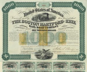 Boston, Hartford and Erie Railroad Co. - $1,000 Uncanceled Railway Bond - Gorgeous Imprinted Revenues