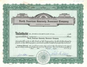 North American Guaranty Insurance Co. - 1967 dated Insurance Stock Certificate from Fayetteville, Arkansas