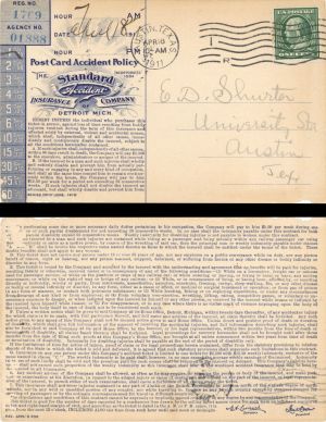 Postcard Accident Policy of the Standard Accident Insurance Company dated 1911 -  Insurance