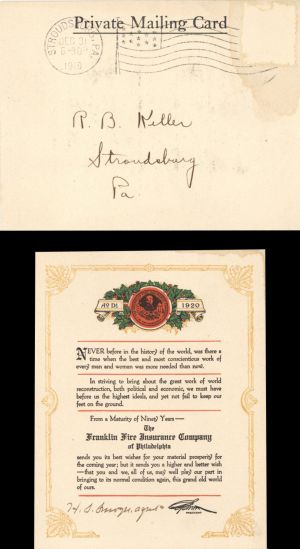 Post Card for Franklin Fire Insurance Co. of Philadelphia dated 1920 -  Insurance