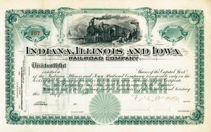 Indiana, Illinois & Iowa Railroad Unissued and Signed by Francis Marion Drake - Autograph Railway Stock Certificate