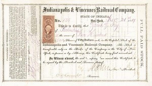 General Ambrose E. Burnside - Indianapolis and Vincennes Railroad - Stock Certificate