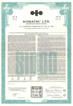 Komatsu Ltd. - 1975 dated Japanese $1,000 Bond - Kabushiki Kaisha Komatsu Seisakusho