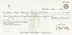 J. Paul Getty - Check on Chase Manhattan Bank London
