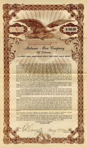 Alabama Mica Co. of Delaware - $100 Bond