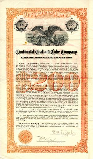Continental Coal and Coke Co. - 1906 dated $200 District of Columbia and New York Mining Bond