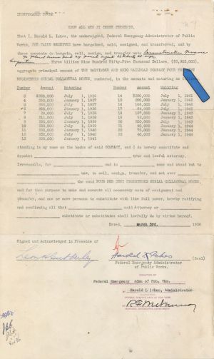 $3,955,000 Baltimore and Ohio Railroad Co. Collateral Notes -  1936 dated Bond Certificate